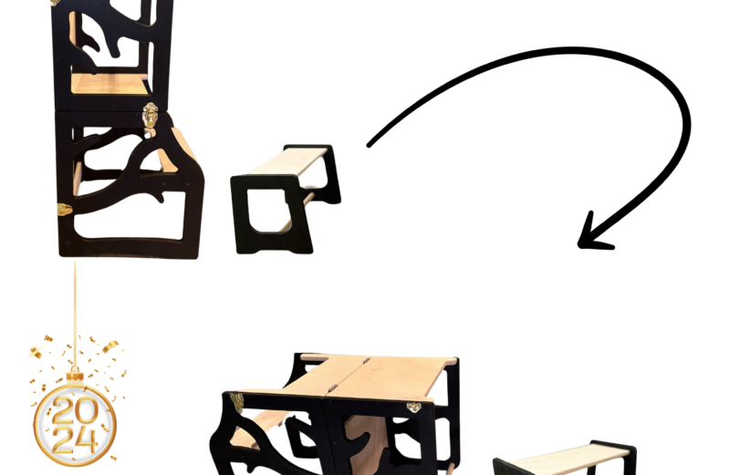 Učiaca veža, písací stolík, stolička, tabuľa 4v1 montessori čierna